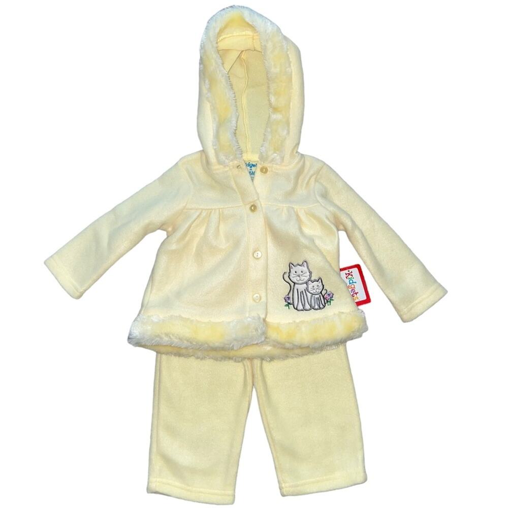 3/6m NWT Kidgets Pastel Yellow Fleece Jacket Pants 2Pc Baby Girls Cat Outfit Set